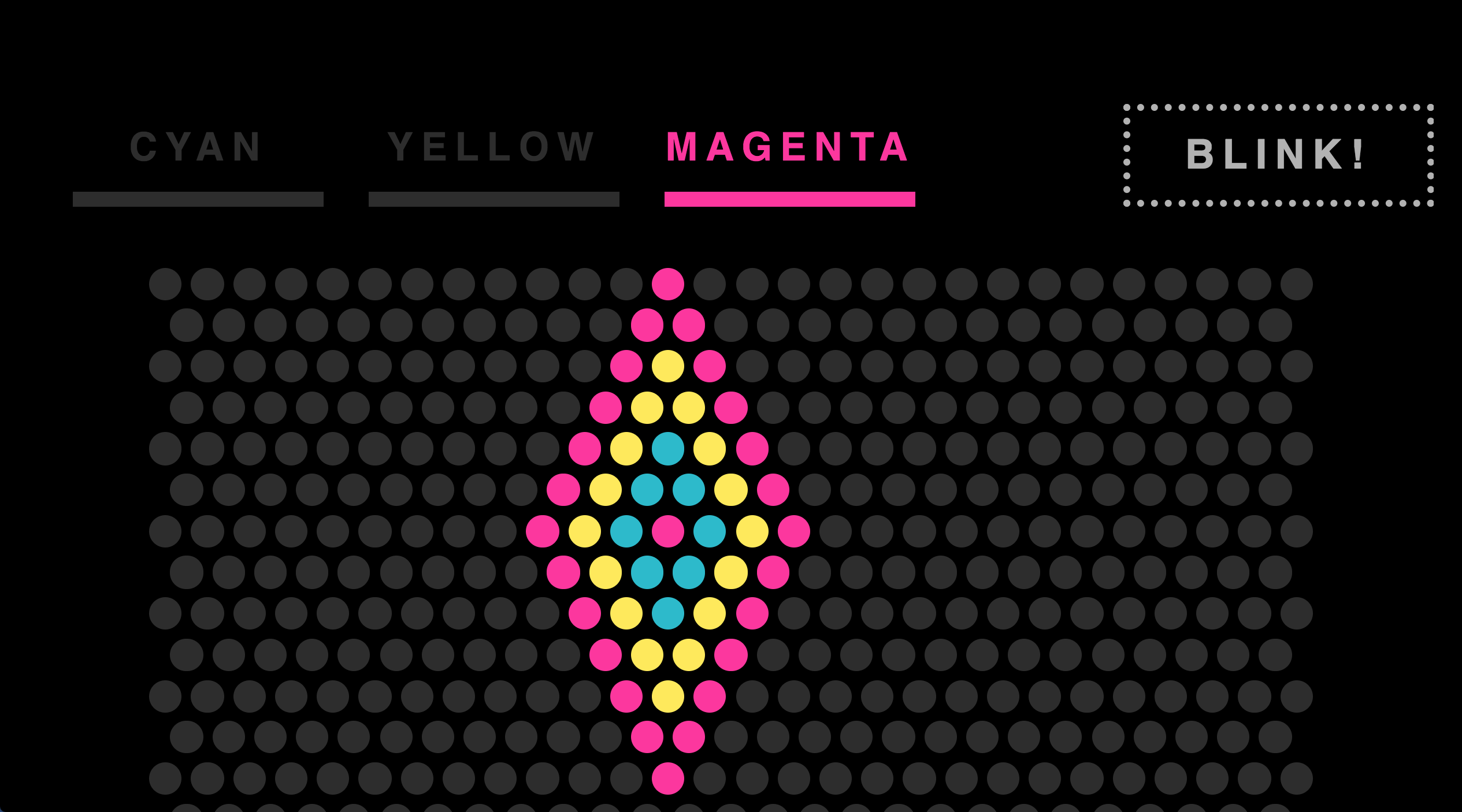 An interactive Lite Brite app. HTML, JavaScript, jQuery, and CSS. Features click listeners, class toggles when a dot is selected or a color, and setInterval for the blink.